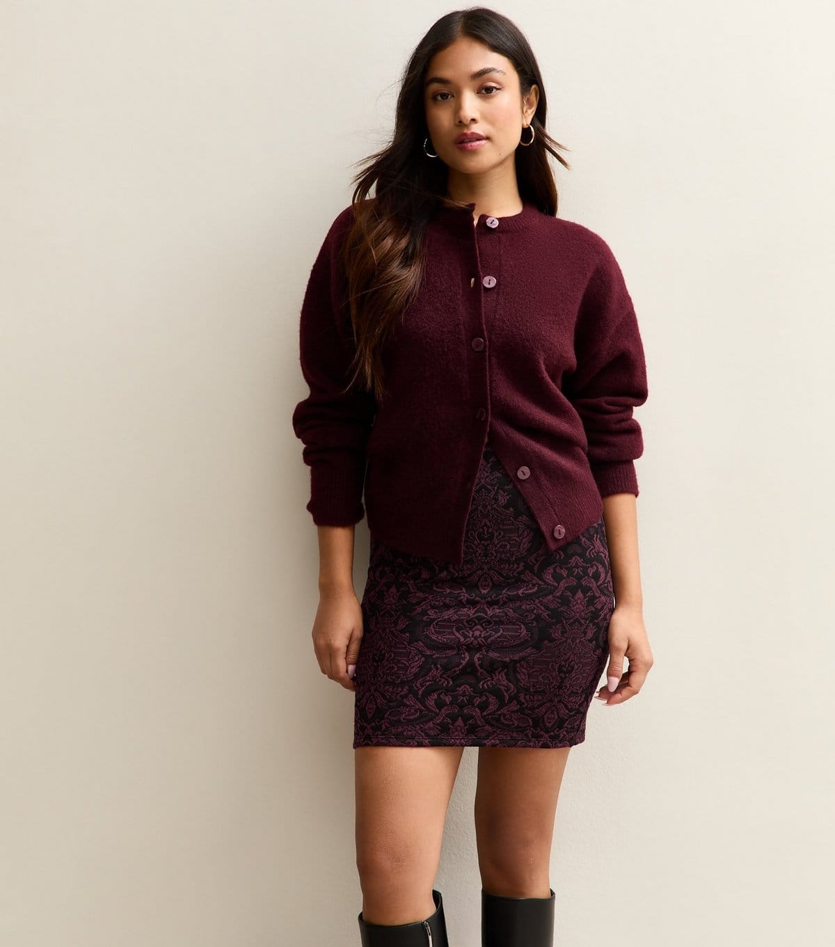 New Look Petite Red Baroque Jacquard Tube Skirt