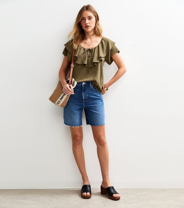 New Look Women's Khaki Crinkle Texture Frill Trimmed Short Sleeve Blouse New Look - 3