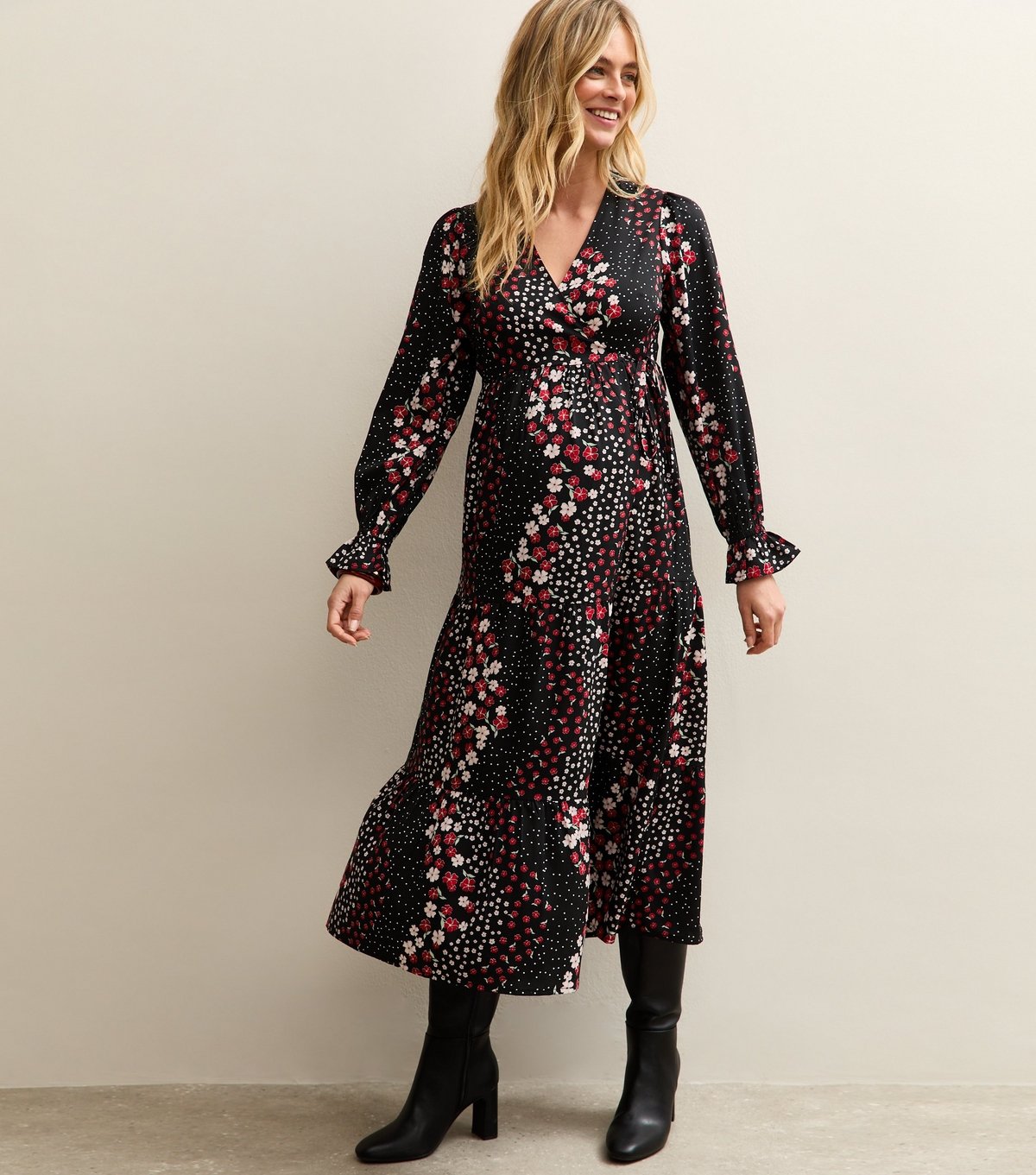 New Look Women's Maternity Black Floral Crepe Wrap Midi Dress New Look - 3