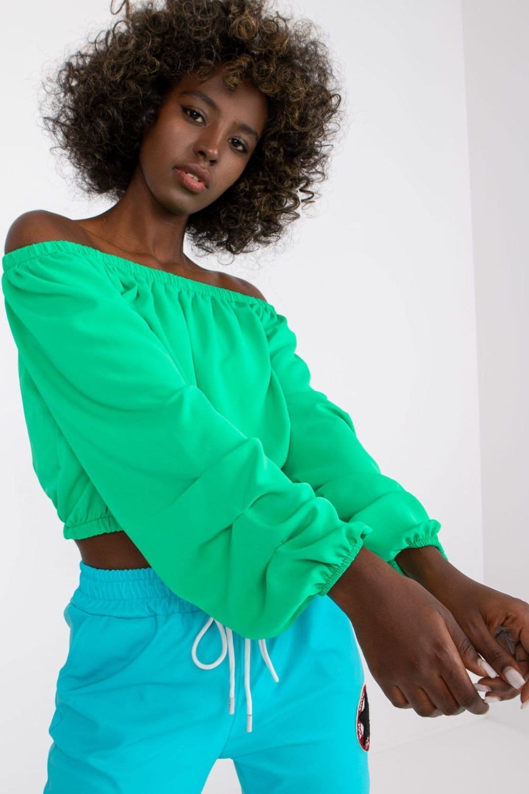 Love Lace Green Shoulder Cut Long Wide Sleeve Blouse