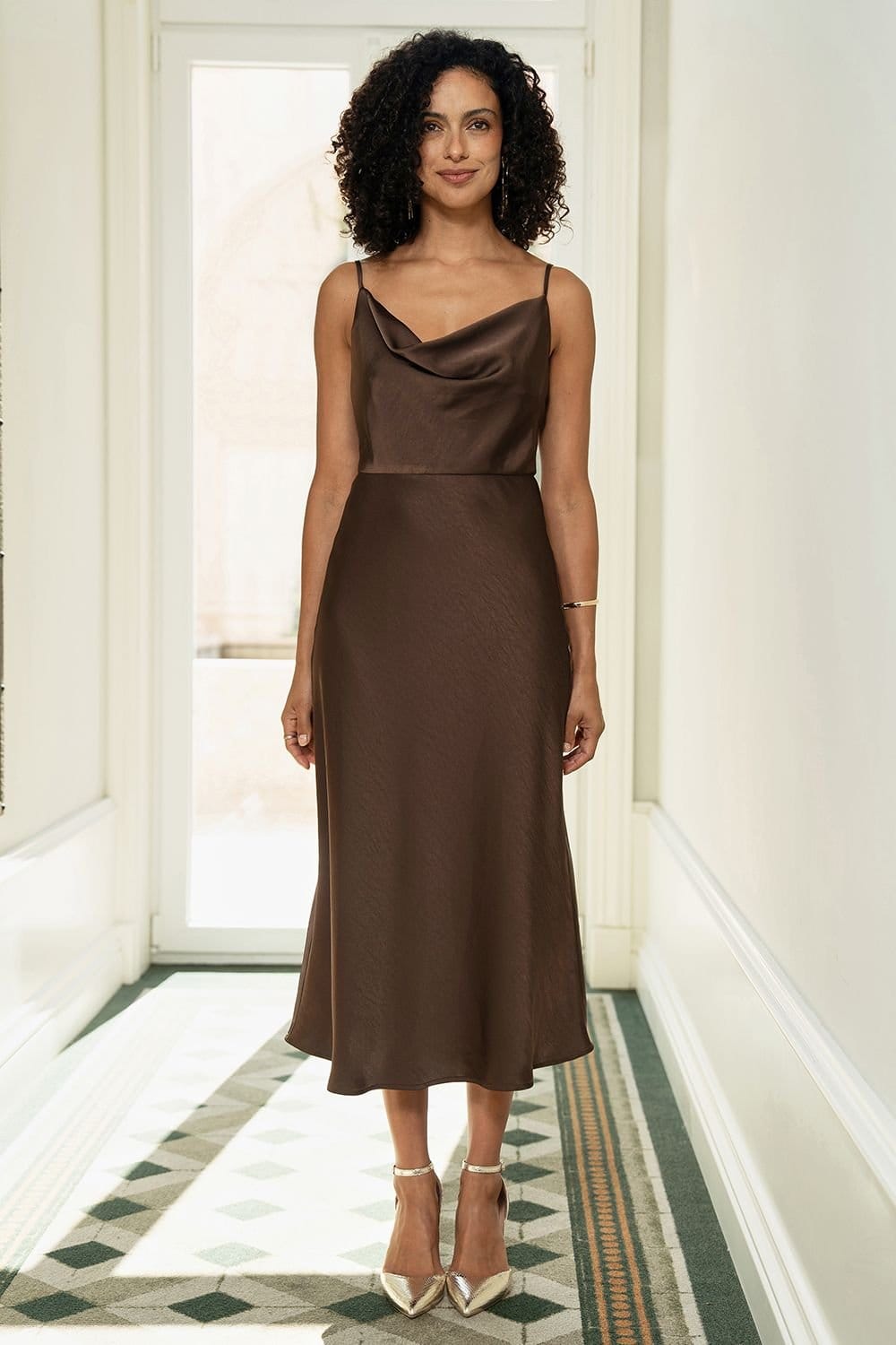 Yumi Yumi Women's Brown Satin Cowl Neck Midi Dress - 4