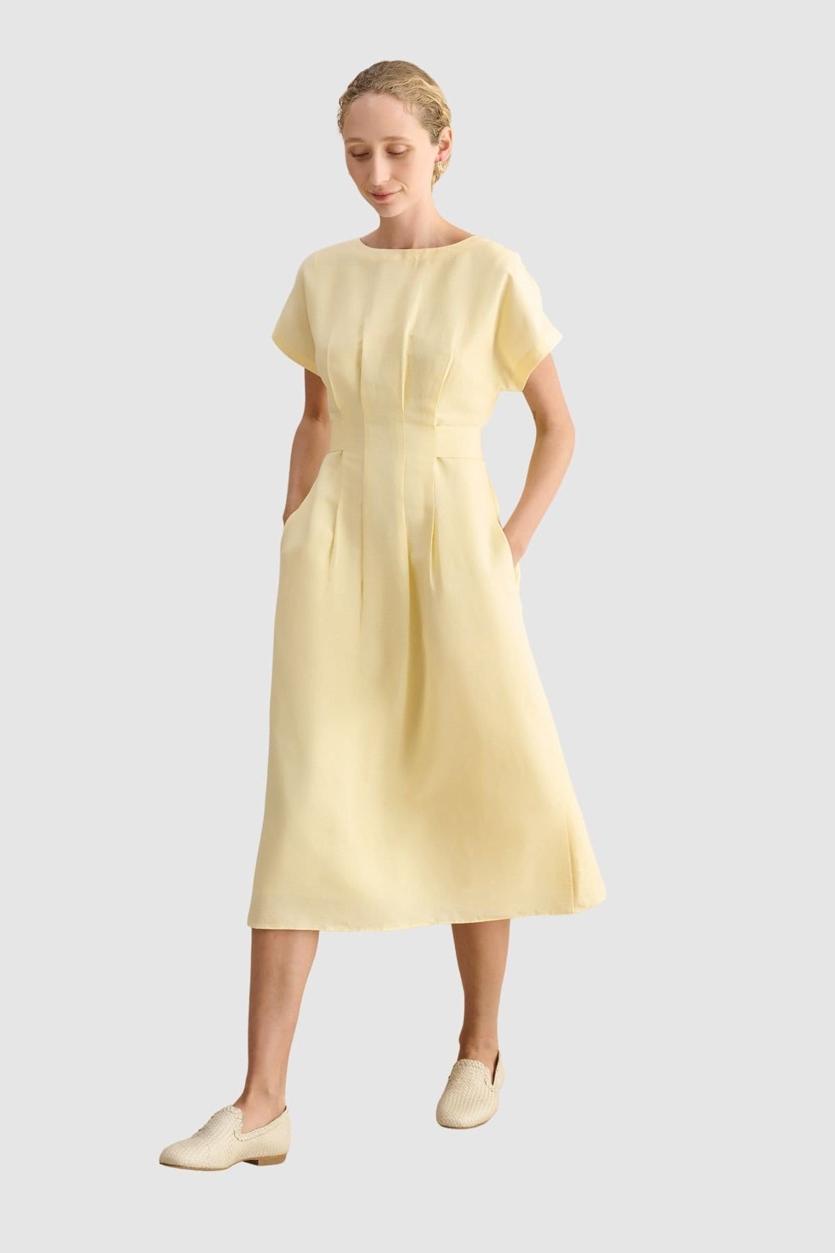 Hobbs London Lemon Linen Midi Dress with Boat Neckline