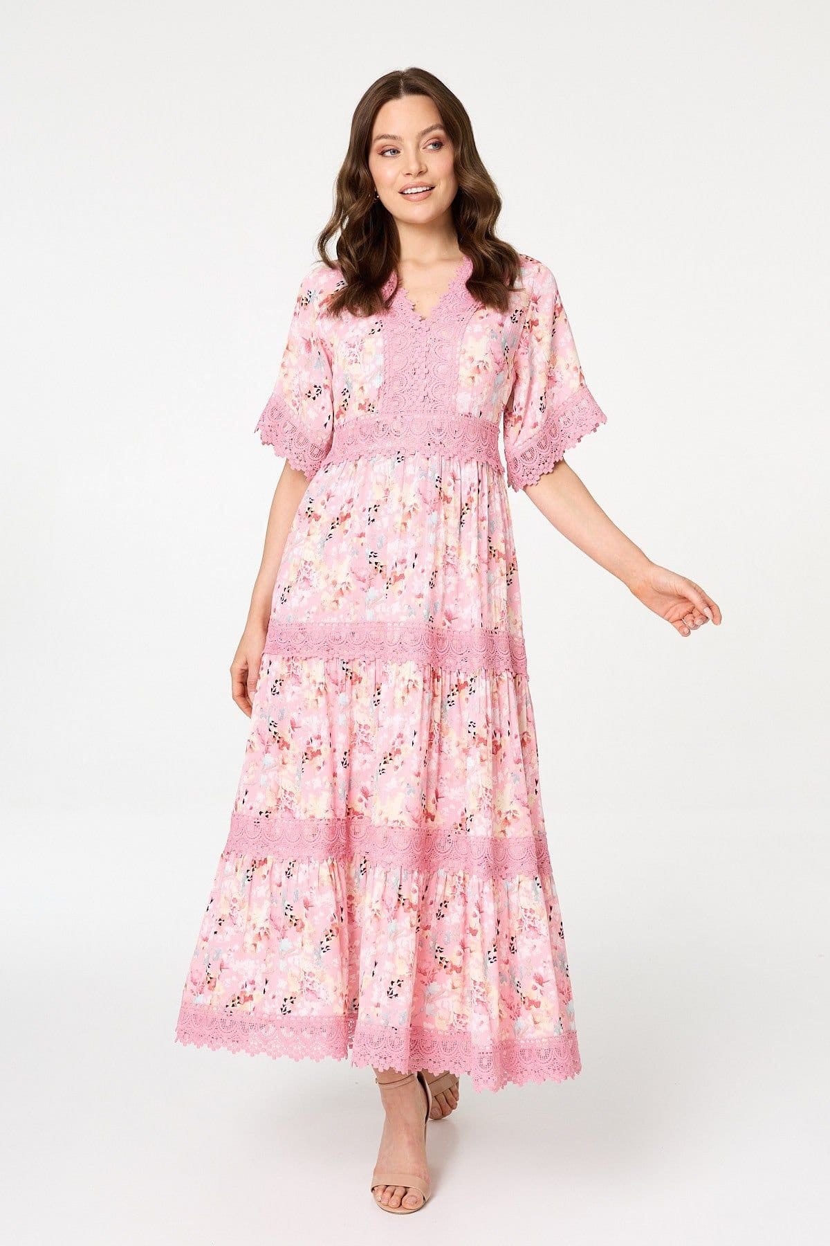 Izabel London Izabel London Women's Floral Lace Detail Maxi Dress in Pink - 1