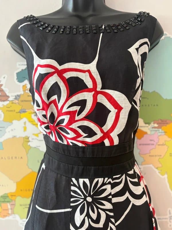 Monsoon Monsoon Linen Silk Floral Fit & Flare Dress UK 12 Black Red Occasion Beaded Luxury