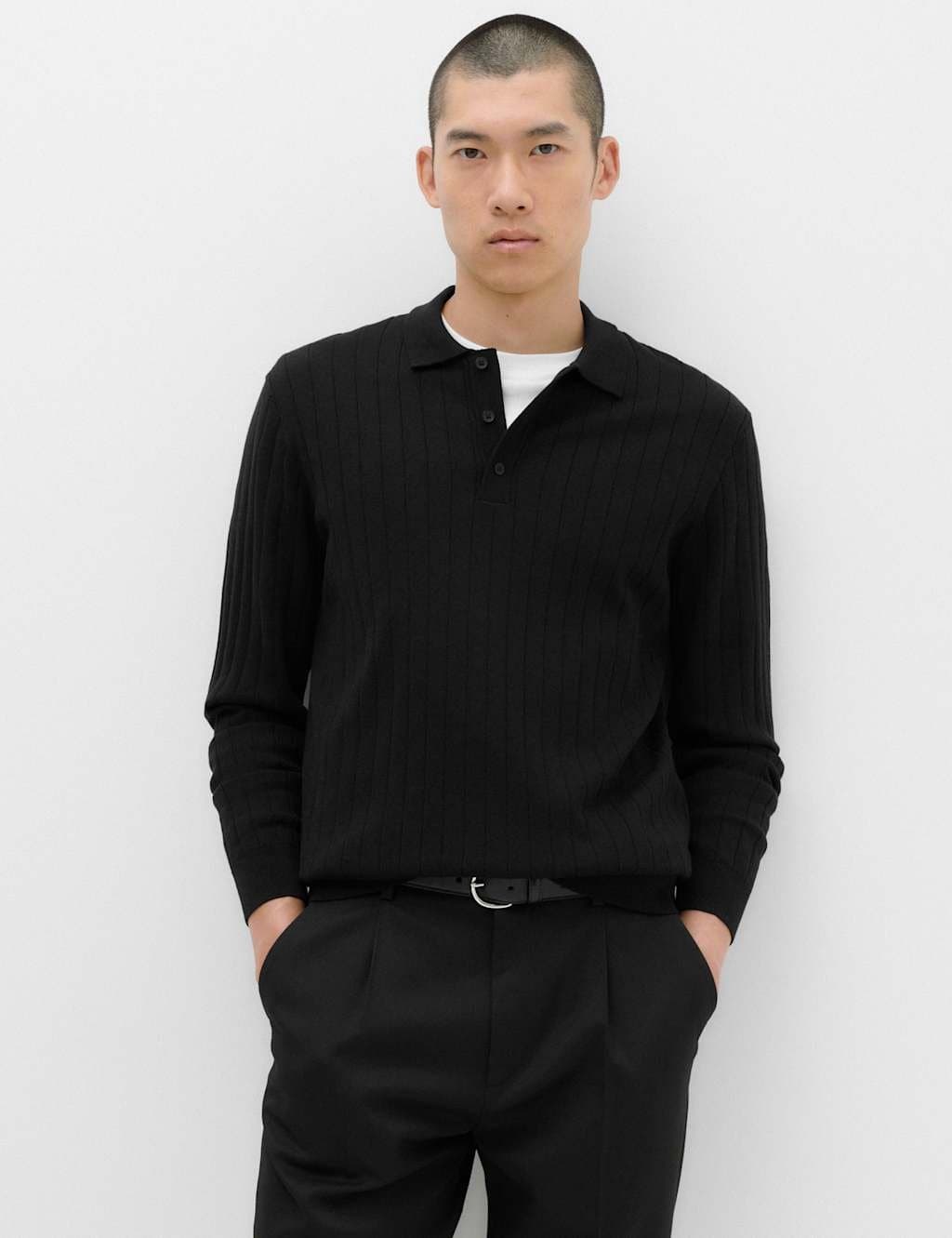 Marks & Spencer M&S Cotton Blend Smart Rib Knit Polo Shirt Black