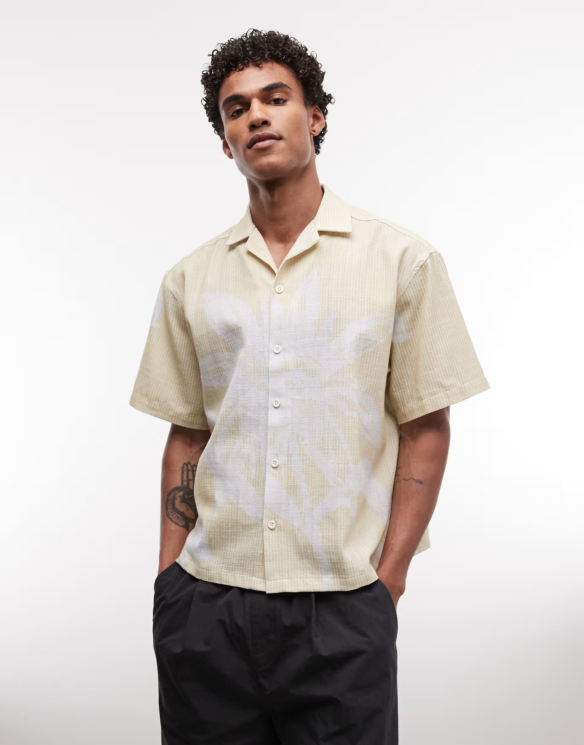 ASOS ASOS DESIGN oversized revere collar shirt with all over floral print in beige