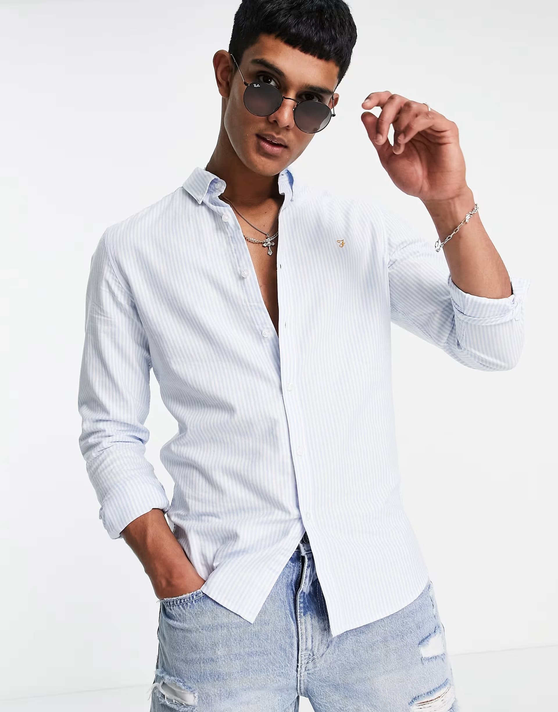 ASOS Farah Brewer slim fit long sleeve stripe shirt in blue