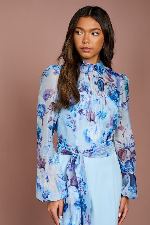 Coast Coast Women's Blouson Sleeve Pintuck Detail Wide Leg Wedding Guest Jumpsuit in Pale Blue - 2