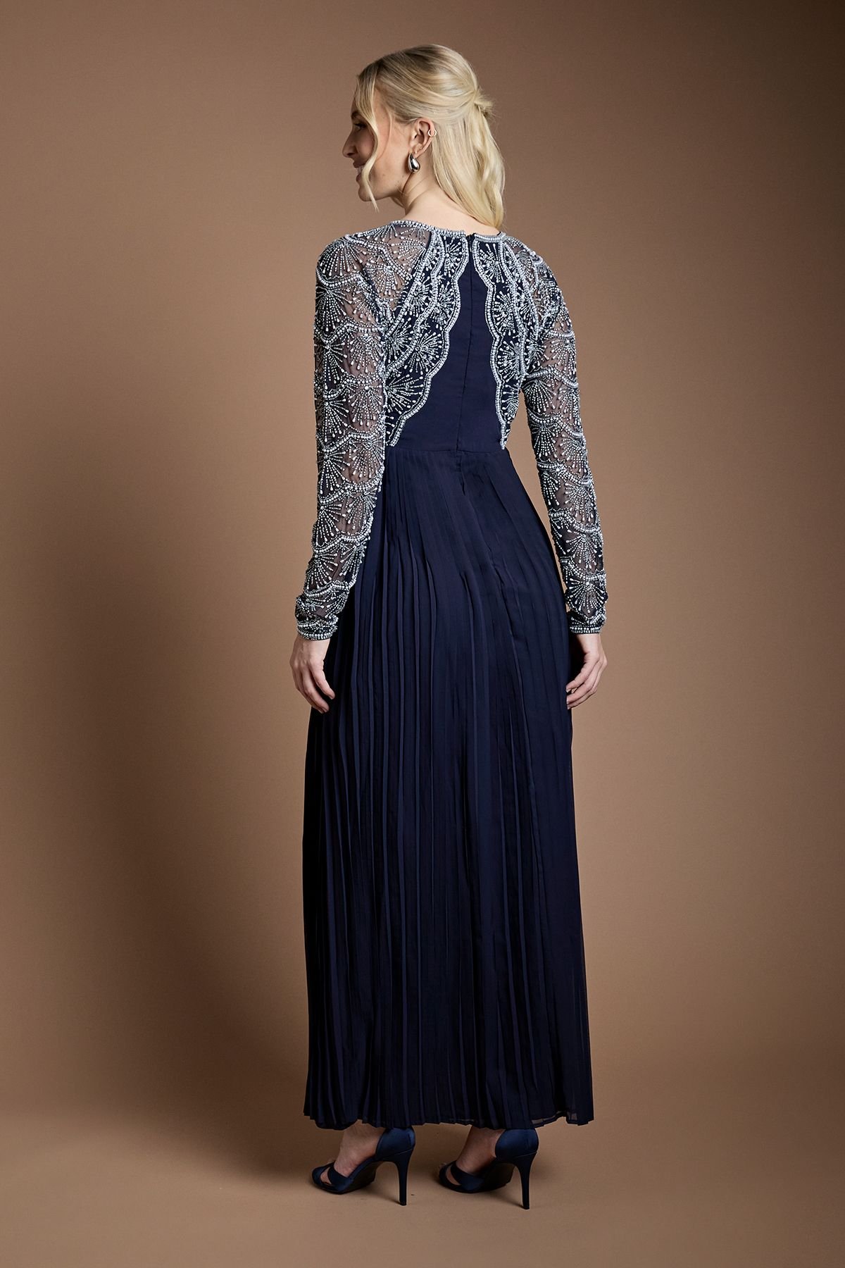 Coast Coast Women's Scallop Embellished Pleated Maxi Bridesmaid Dress in Navy - 3