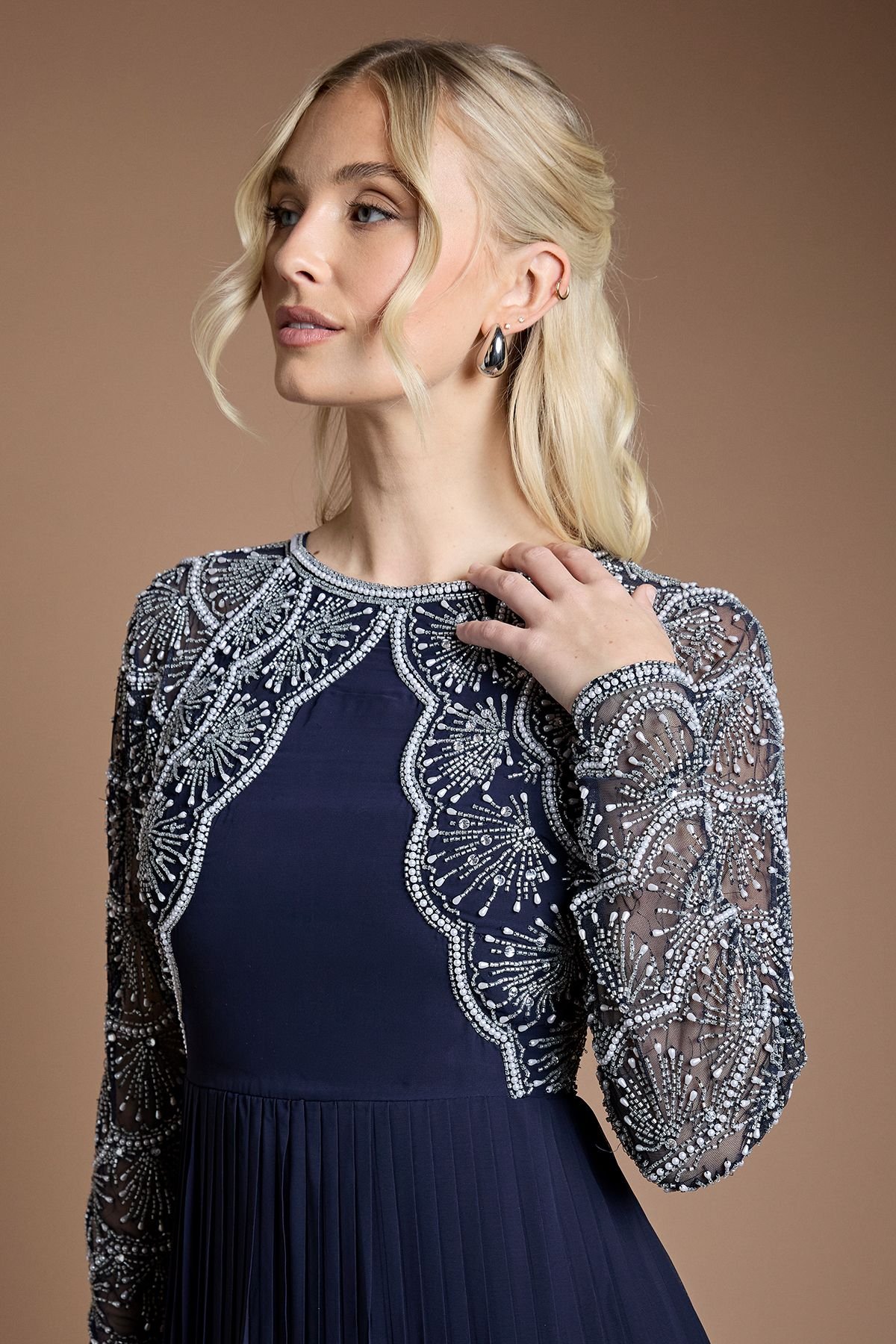 Coast Coast Women's Scallop Embellished Pleated Maxi Bridesmaid Dress in Navy - 4