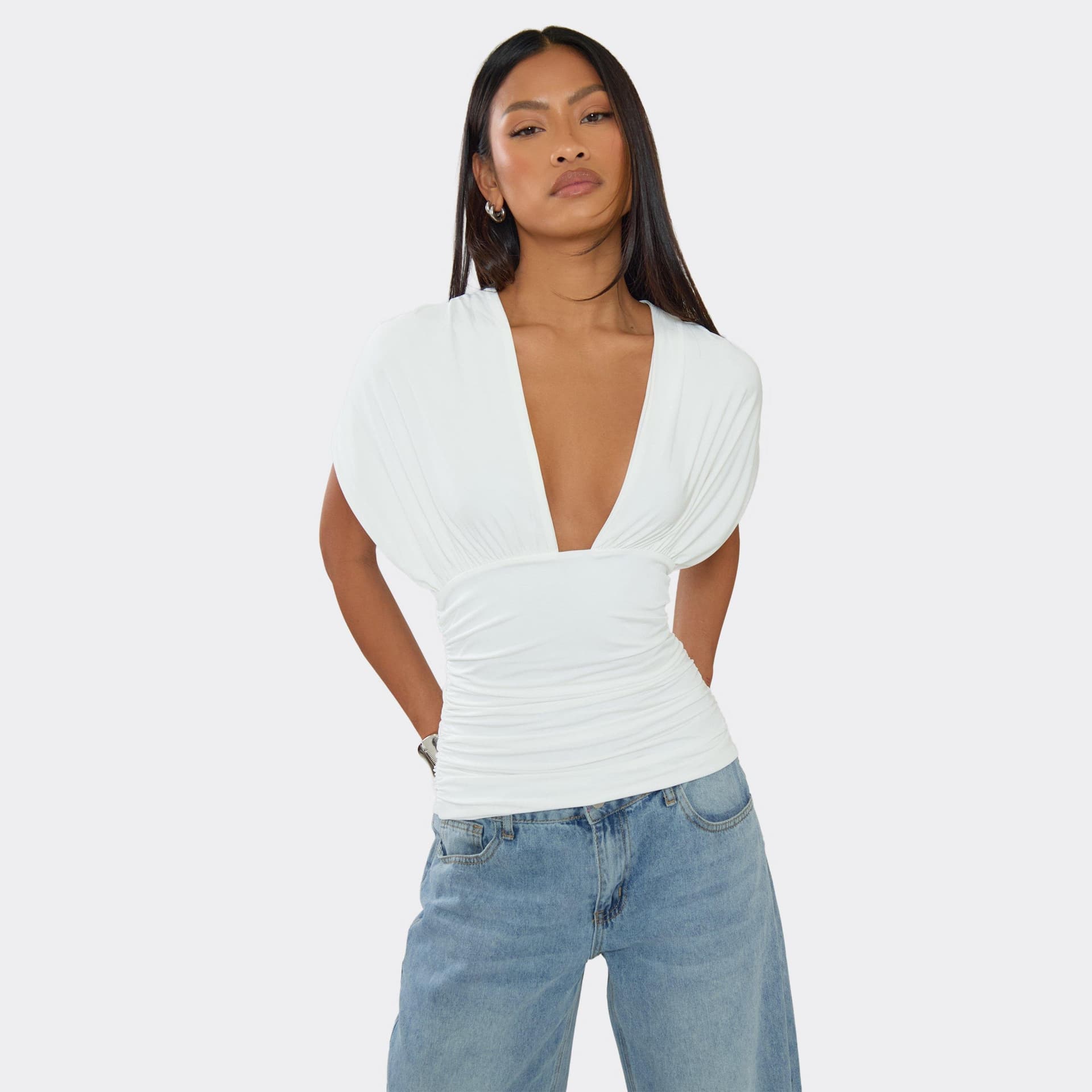EGO Short Sleeve Plunge Front Tie Back Detail Top In White Slinky, Women's Size UK 6