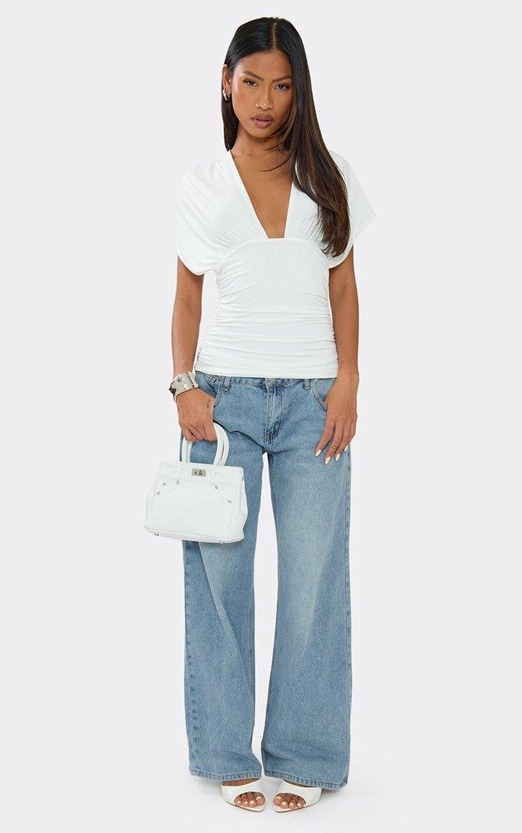 EGO Short Sleeve Plunge Front Tie Back Detail Top In White Slinky, Women's Size UK 6 - 2