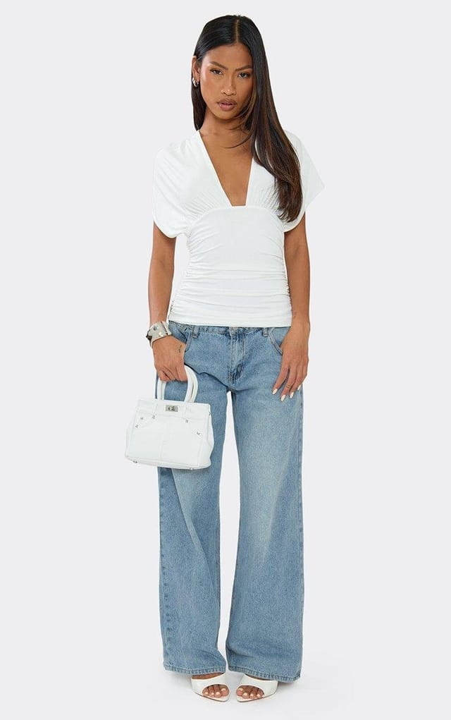 EGO Short Sleeve Plunge Front Tie Back Detail Top In White Slinky, Women's Size UK 6 - 2