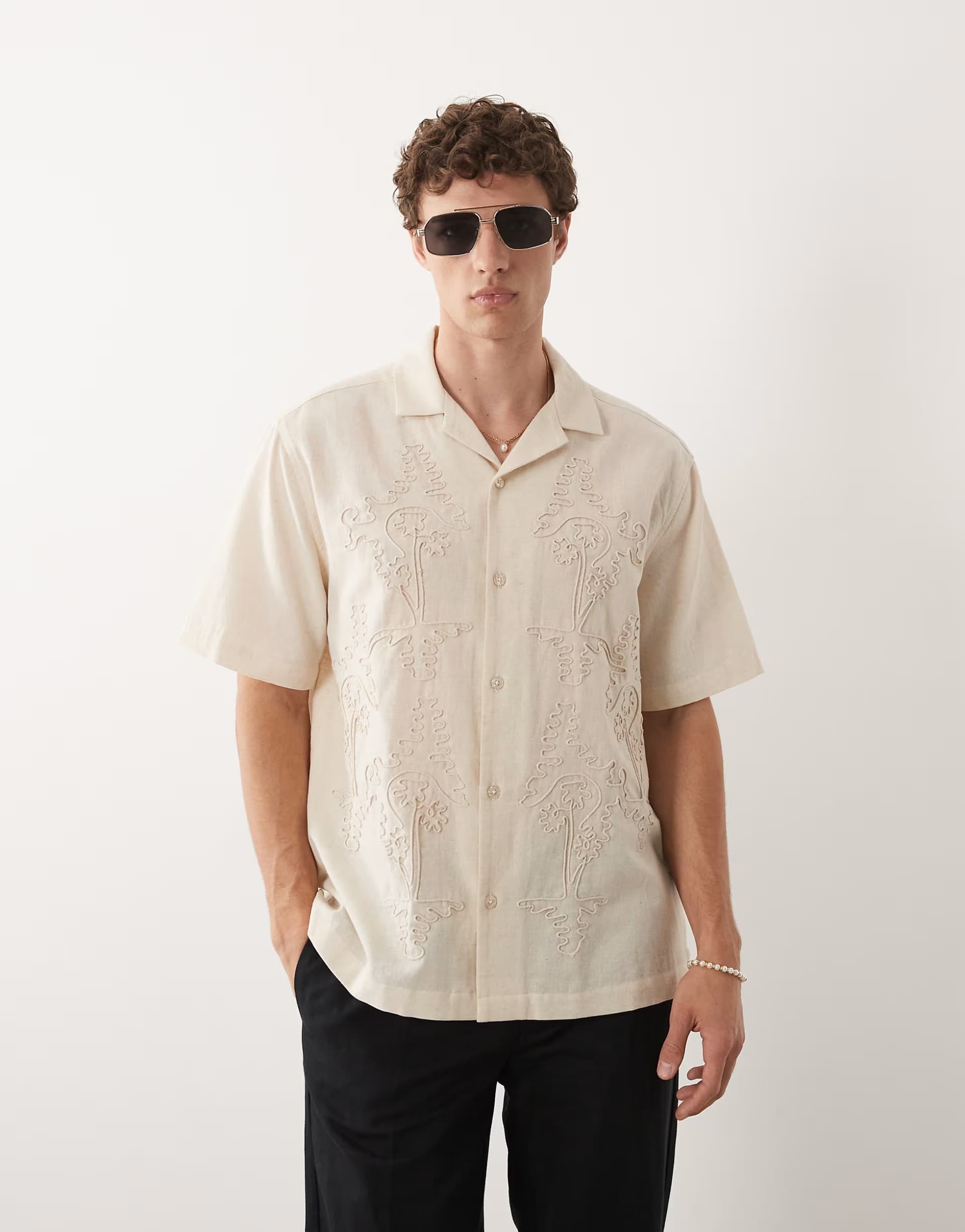 ASOS ASOS DESIGN relaxed shirt with linen and roping pattern in beige