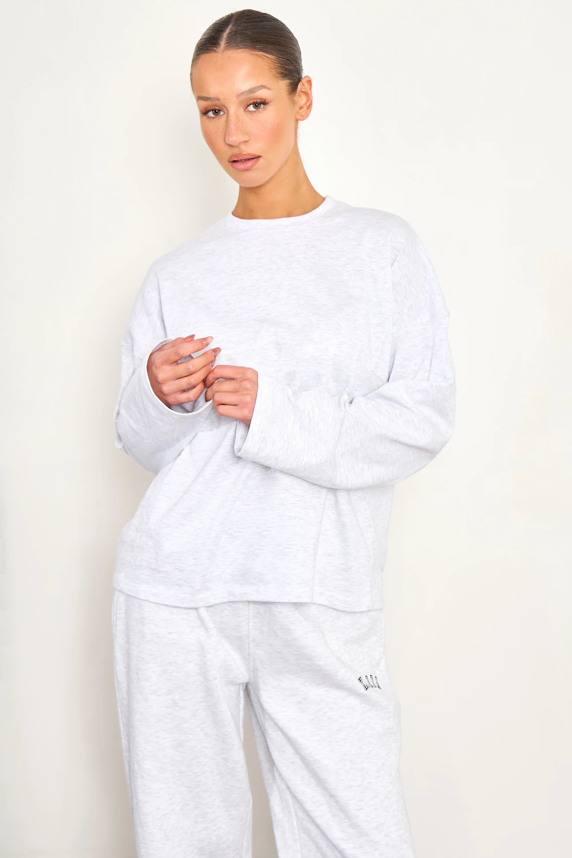 Kaiia Kaiia Cotton Long Sleeve Oversized T Shirt Light Grey Marl - 2