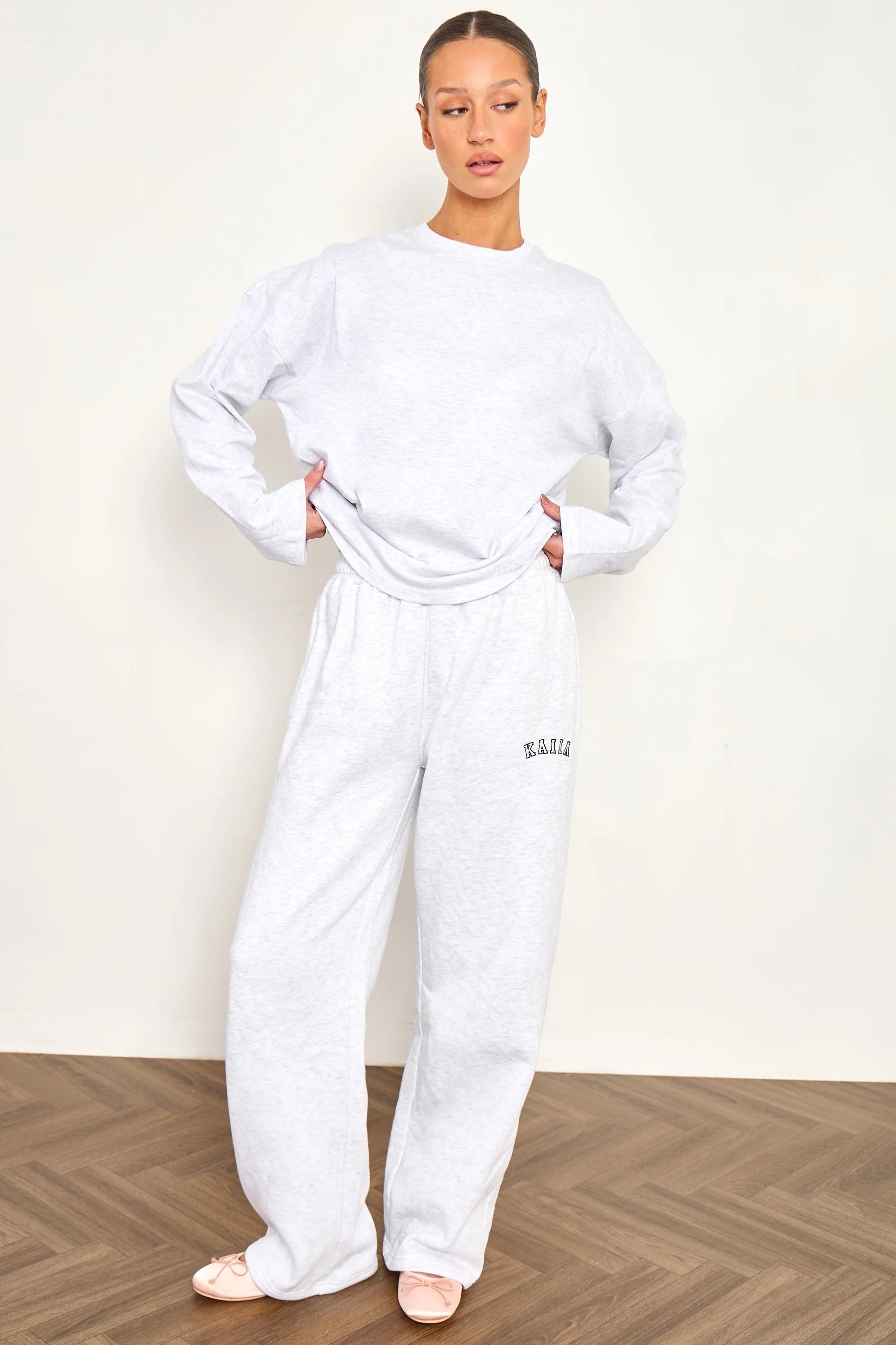 Kaiia Kaiia Cotton Long Sleeve Oversized T Shirt Light Grey Marl - 3