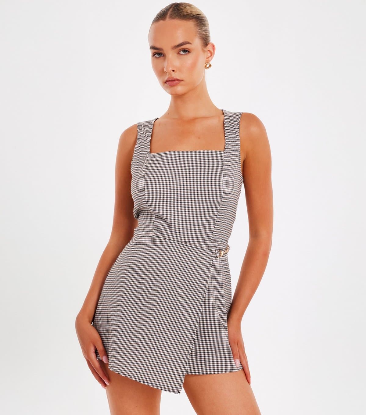 Quiz Women's Brown Checked Square Neck Playsuit Quiz New Look