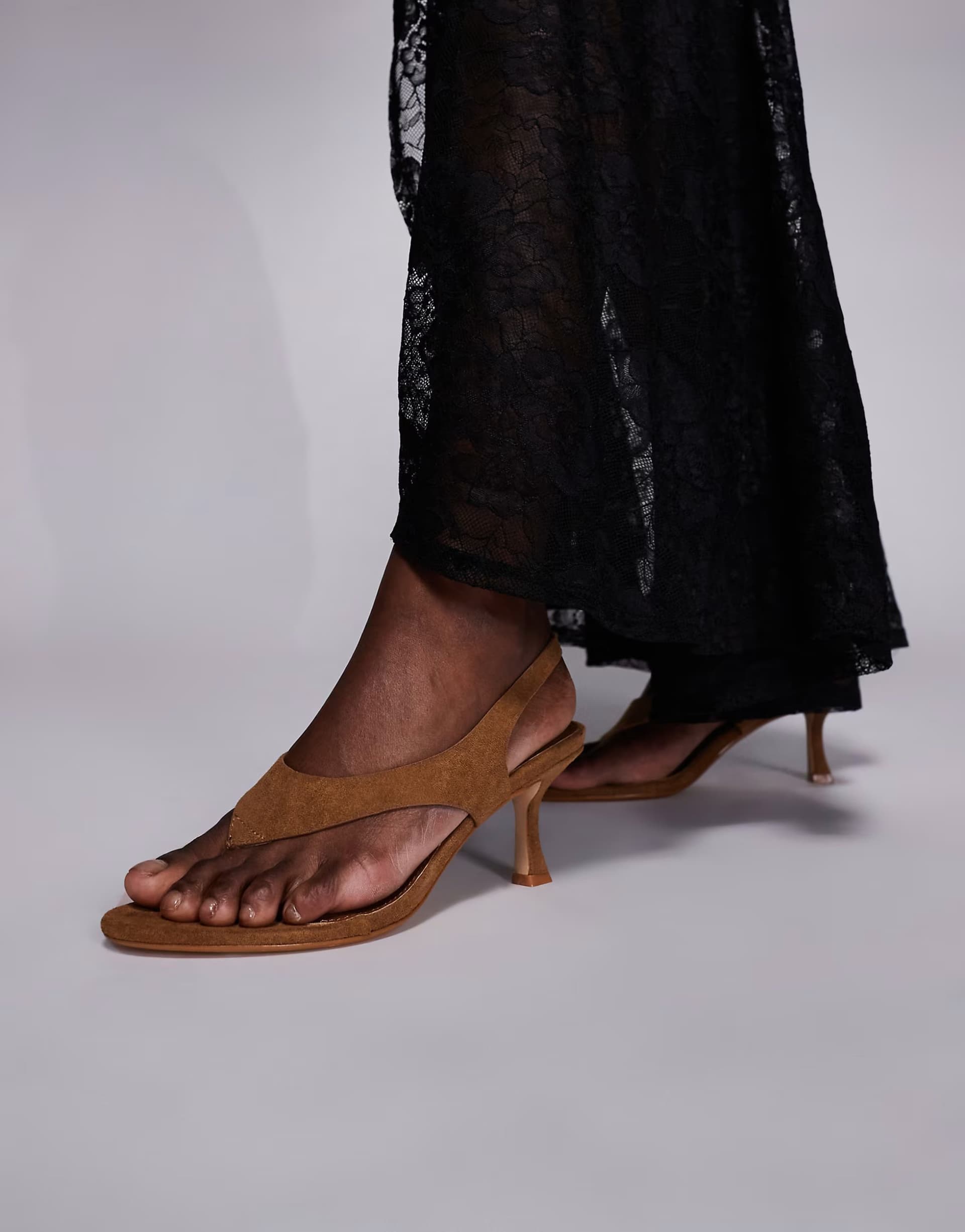 ASOS Simmi London Ranch toe thong slingback heeled sandals in tan suedette