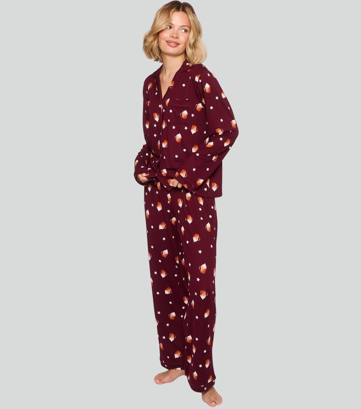 Loungeable Women's Burgundy Latte Print Shirt and Trousers Pyjama Set Loungeable New Look - 3