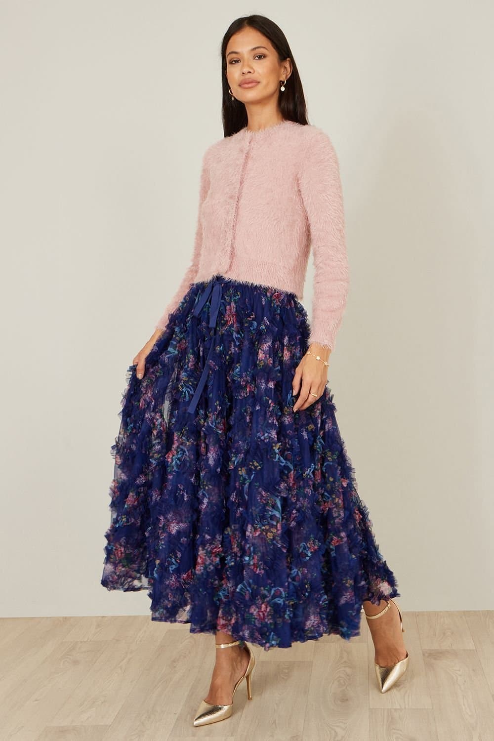 Yumi Yumi Women's Navy Floral Ruffle Mesh Midi Skirt