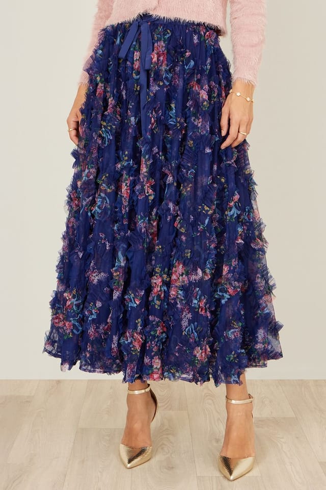 Yumi Yumi Women's Navy Floral Ruffle Mesh Midi Skirt - 2