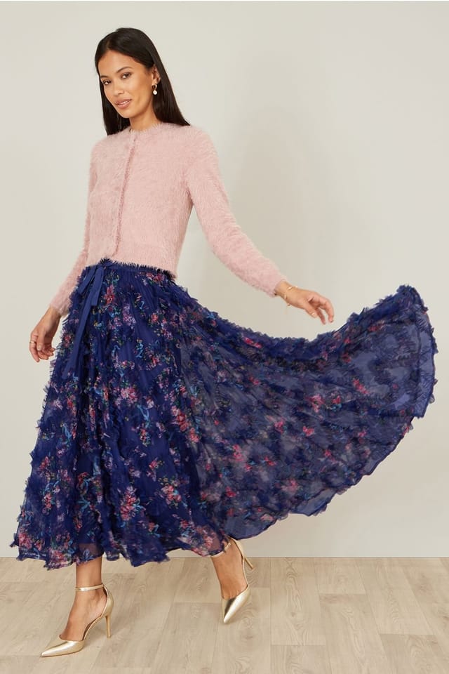 Yumi Yumi Women's Navy Floral Ruffle Mesh Midi Skirt - 3