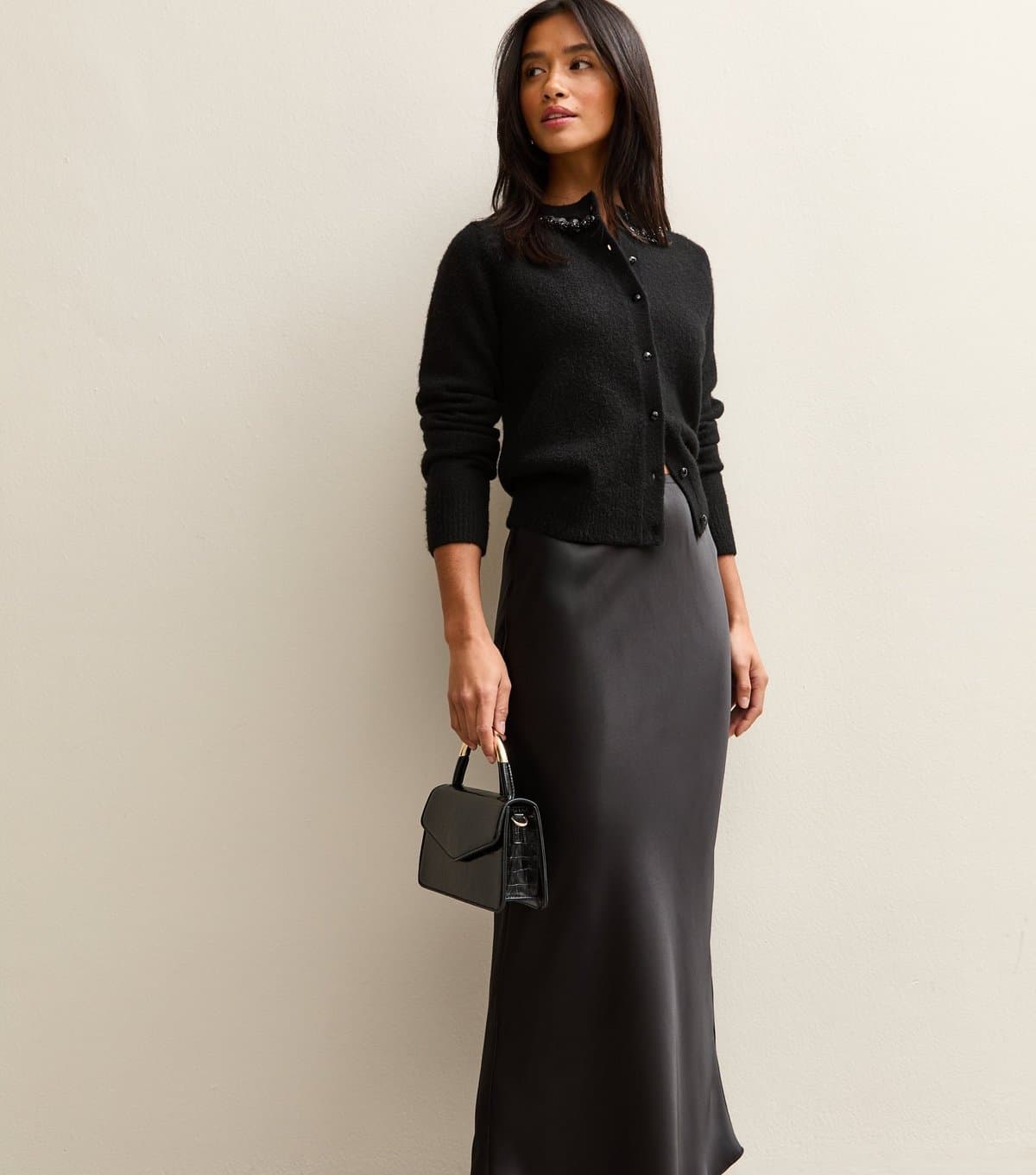 New Look Women's Petite Black Satin Midi Skirt New Look