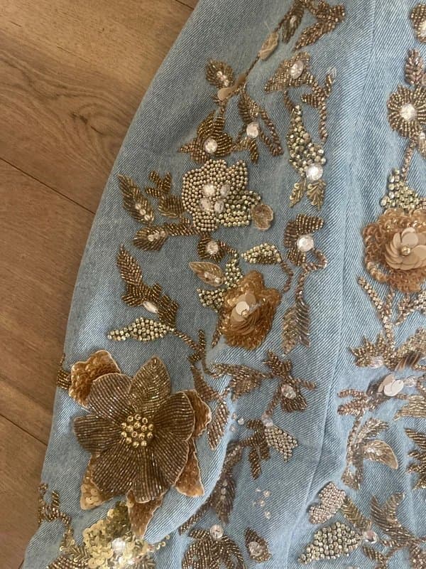 ASOS ASOS luxe 3D floral gold embelished denim mini bandeau dress with cage skirt size 14