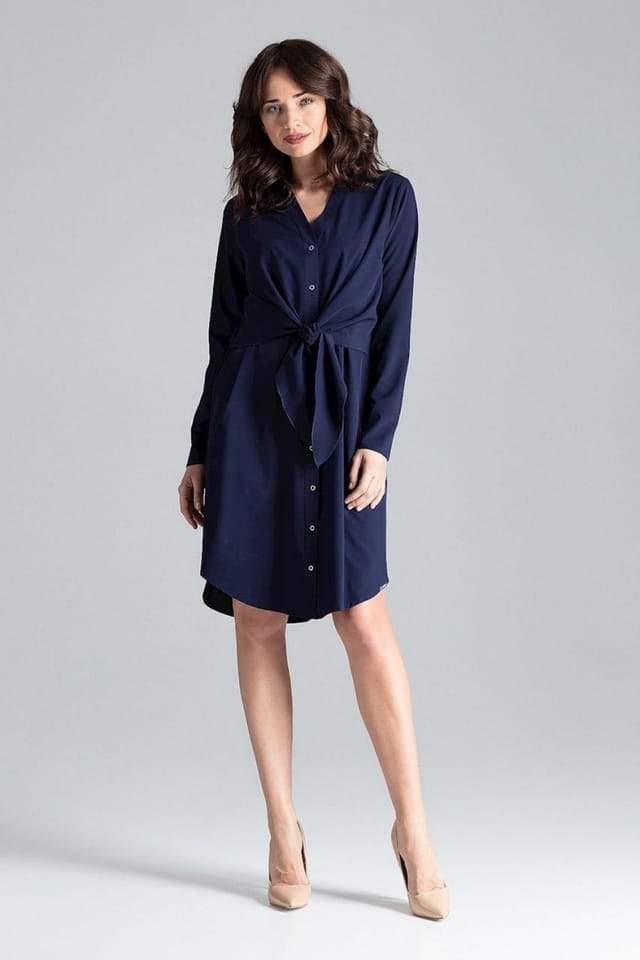 Love Lace Love Lace Women's Shirt Dress Cheese Neck Tie Waist in Navy - 2