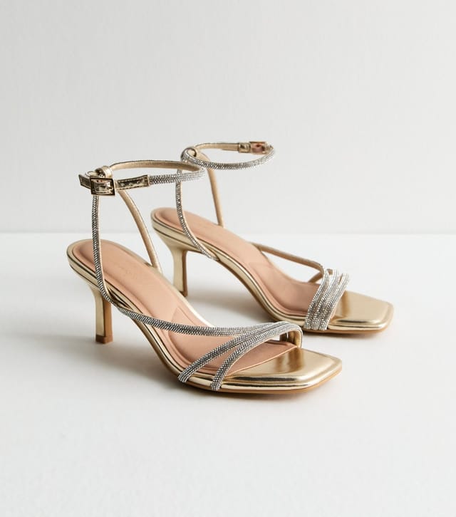 New Look Women's Wide Fit Gold Diamanté Embellished Faux Leather Sandals Vegan New Look - 3