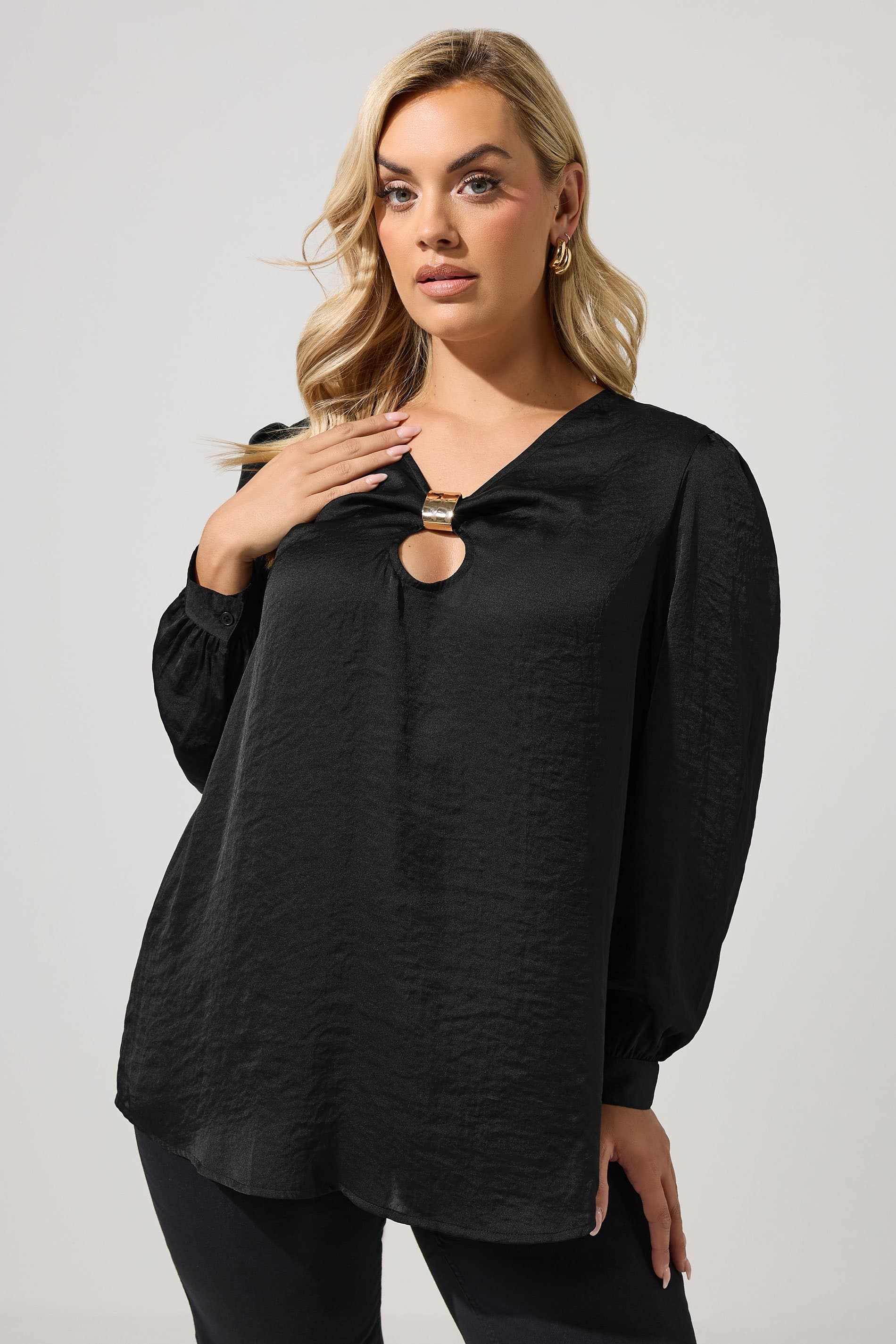 Yours London Plus Size Black Satin Metal Trim Blouse