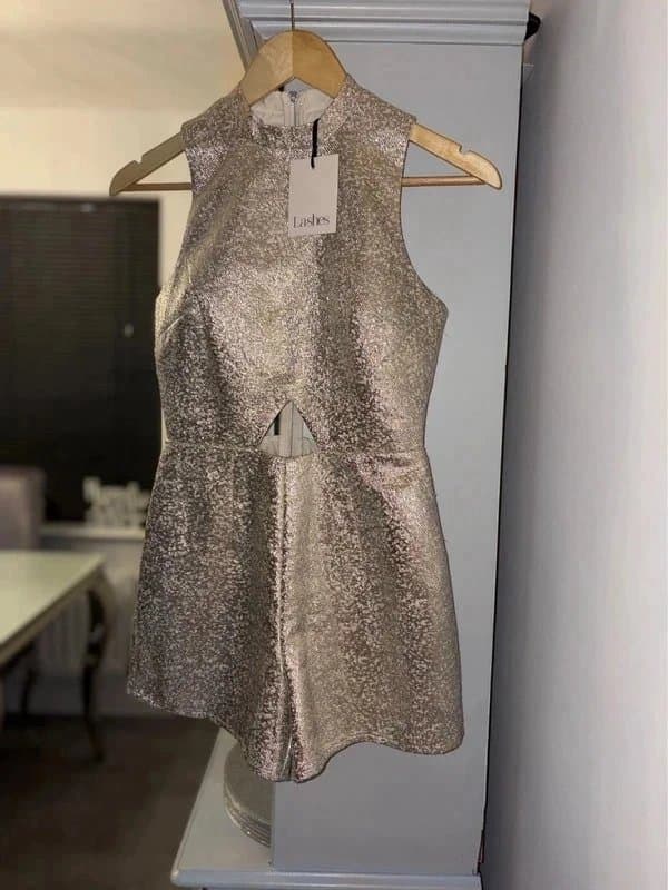 lashes of london NEW UK 8 Lashes of London designer cut out playsuit metallic sparkly gold glitter shimmer play suit