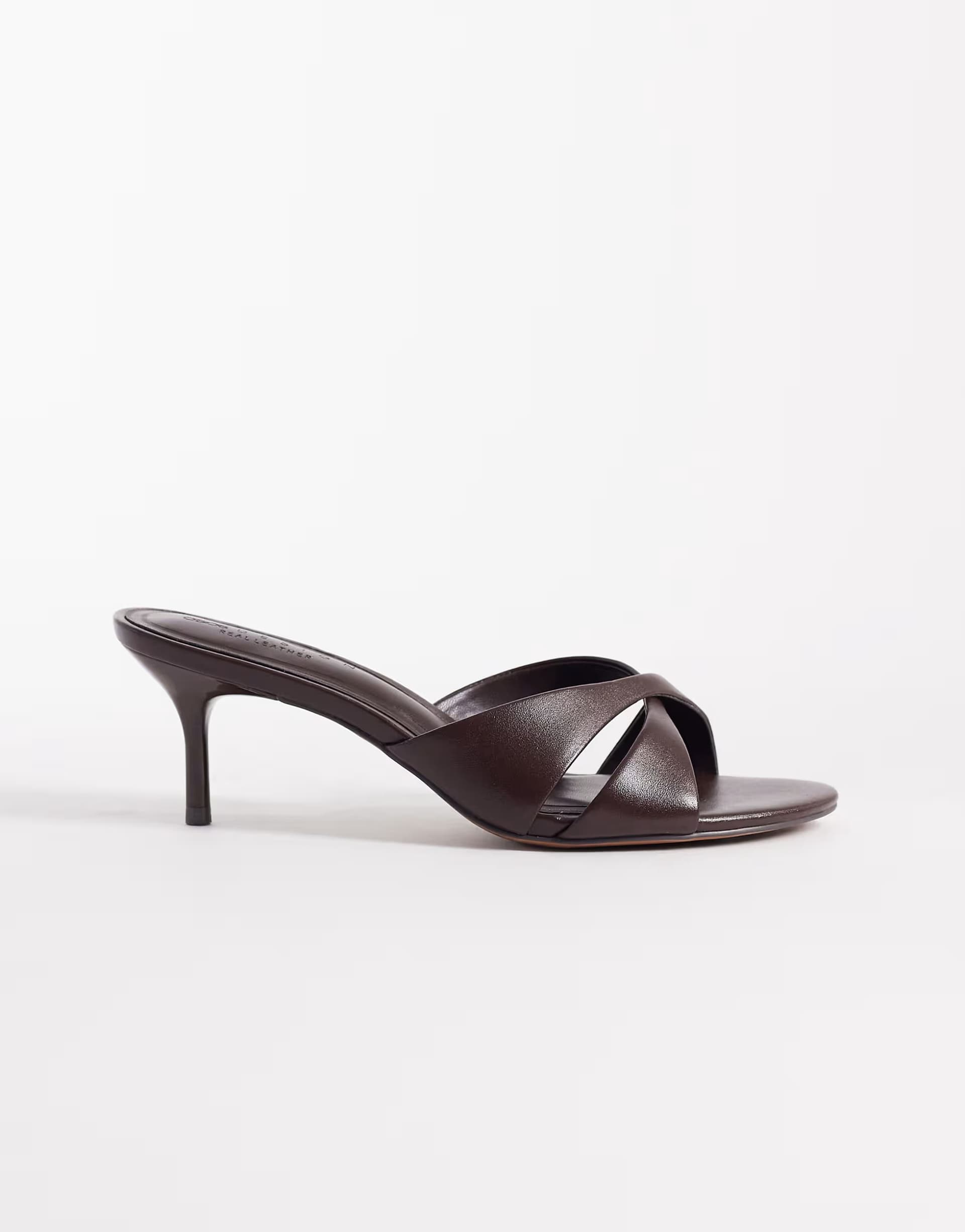 ASOS ASOS DESIGN Hum premium cross strap mid heeled mules in chocolate leather