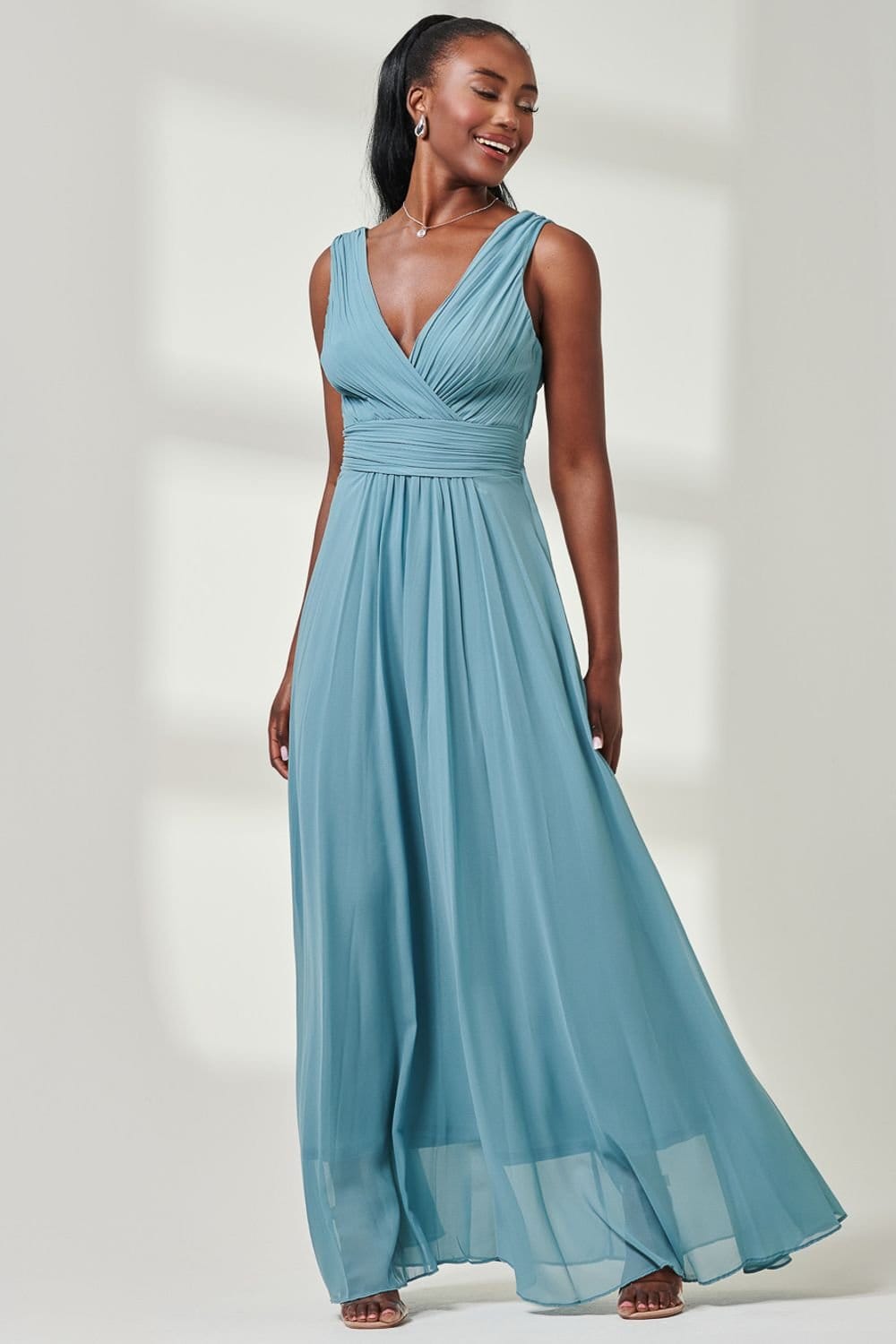 Jolie Moi Jolie Moi Women's Pleated Bodice Chiffon Maxi Dress in Pale Green - 4
