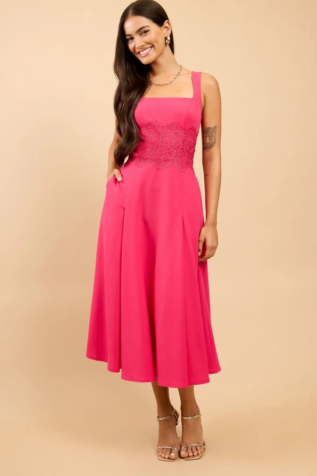 Little Mistress Little Mistress Women's Pink Lace Detail Midaxi Dress