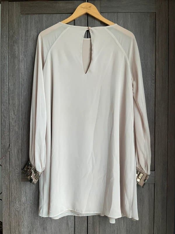 ASOS Asos Pale Mushroom Beige Colour Long Sleeve Chiffon Bead Cuff Shift Dress 10