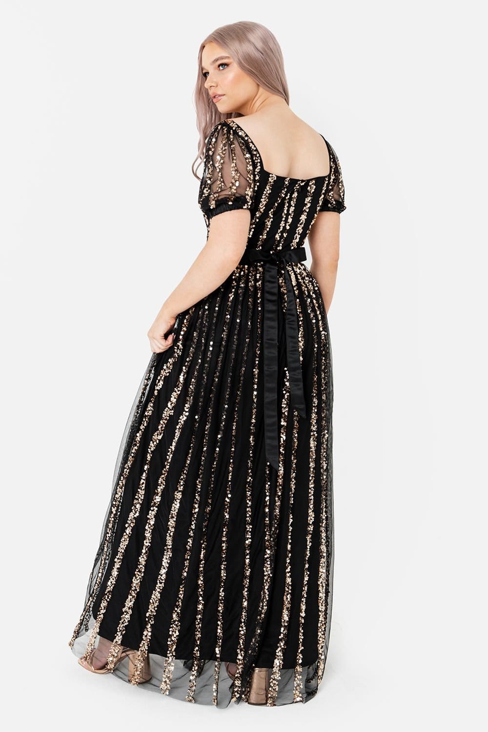 Maya Deluxe Maya Deluxe Women's Stripe Embellished Square Neck Maxi Dress in Black - 4