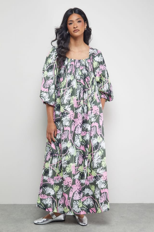 Warehouse Warehouse Women's Tony Cotton Shirred Square Neck Midi Dress - 2
