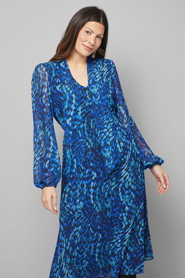 Wallis Wallis Women's Blue Abstract Woven Tie Neck Midi Dress - 2