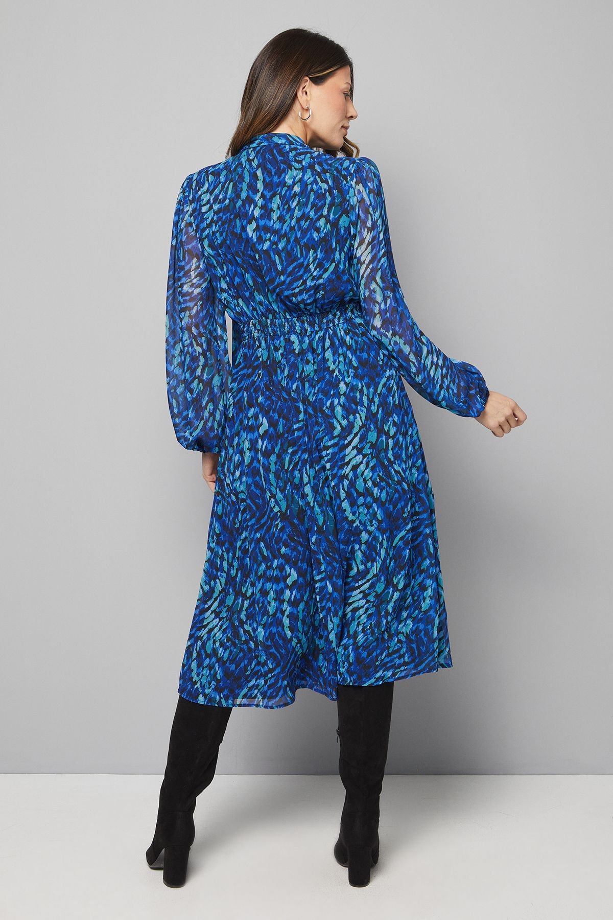 Wallis Wallis Women's Blue Abstract Woven Tie Neck Midi Dress - 3
