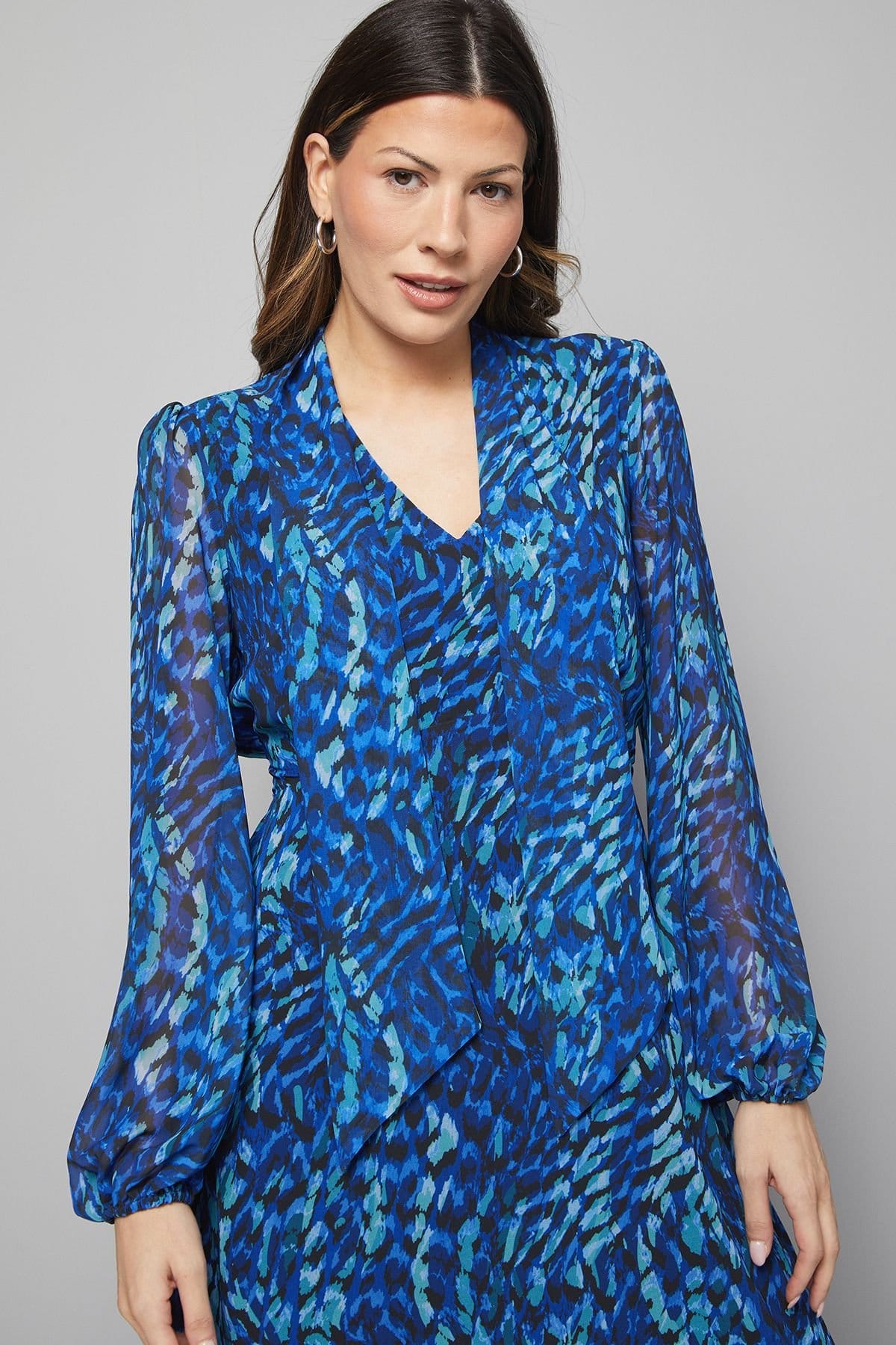 Wallis Wallis Women's Blue Abstract Woven Tie Neck Midi Dress - 4