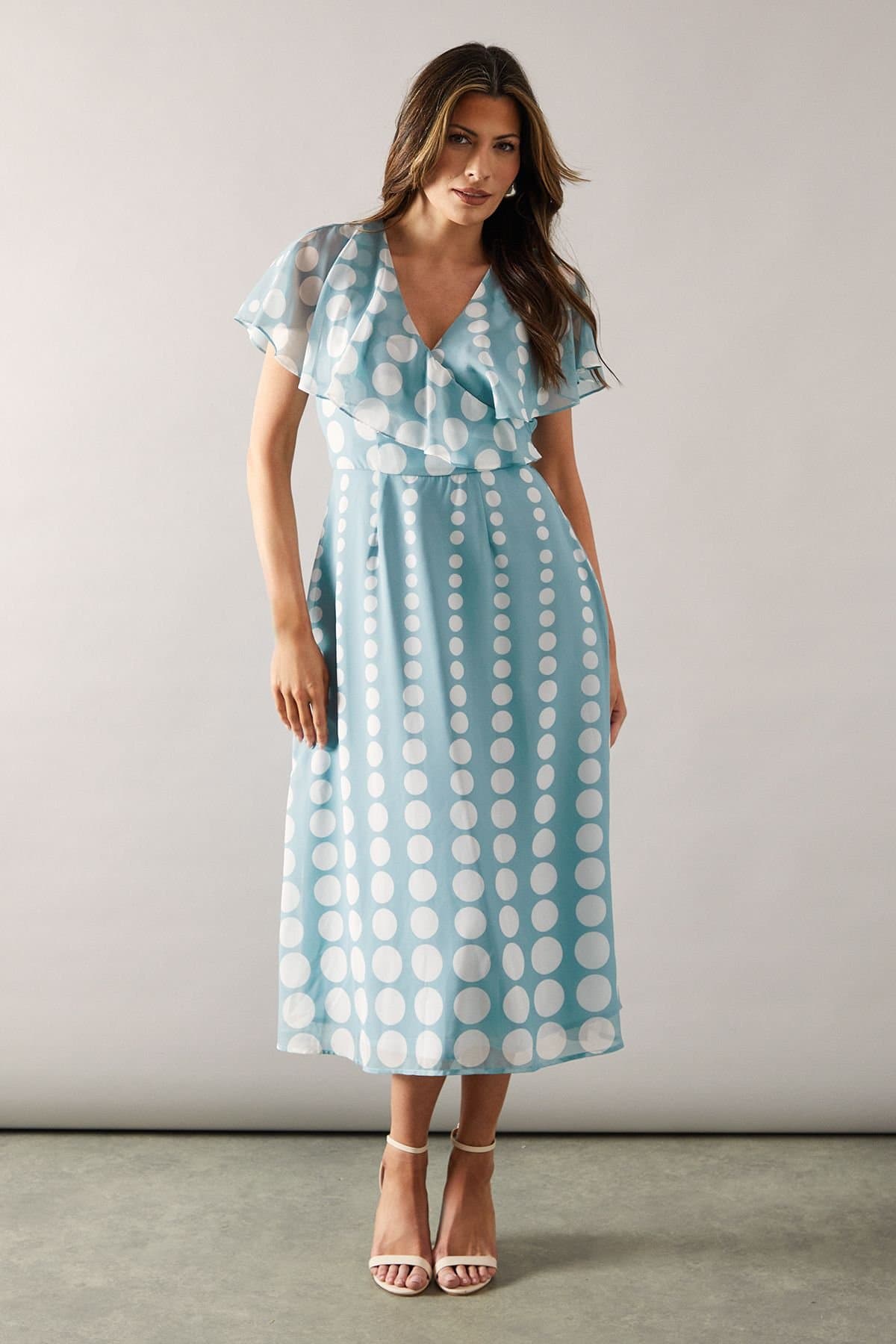Wallis Wallis Women's Chiffon Polka Dot Border Cape Sleeve Midi Dress in Duck Egg