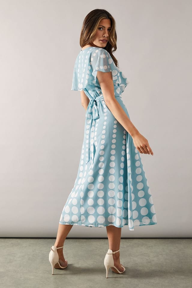 Wallis Wallis Women's Chiffon Polka Dot Border Cape Sleeve Midi Dress in Duck Egg - 3