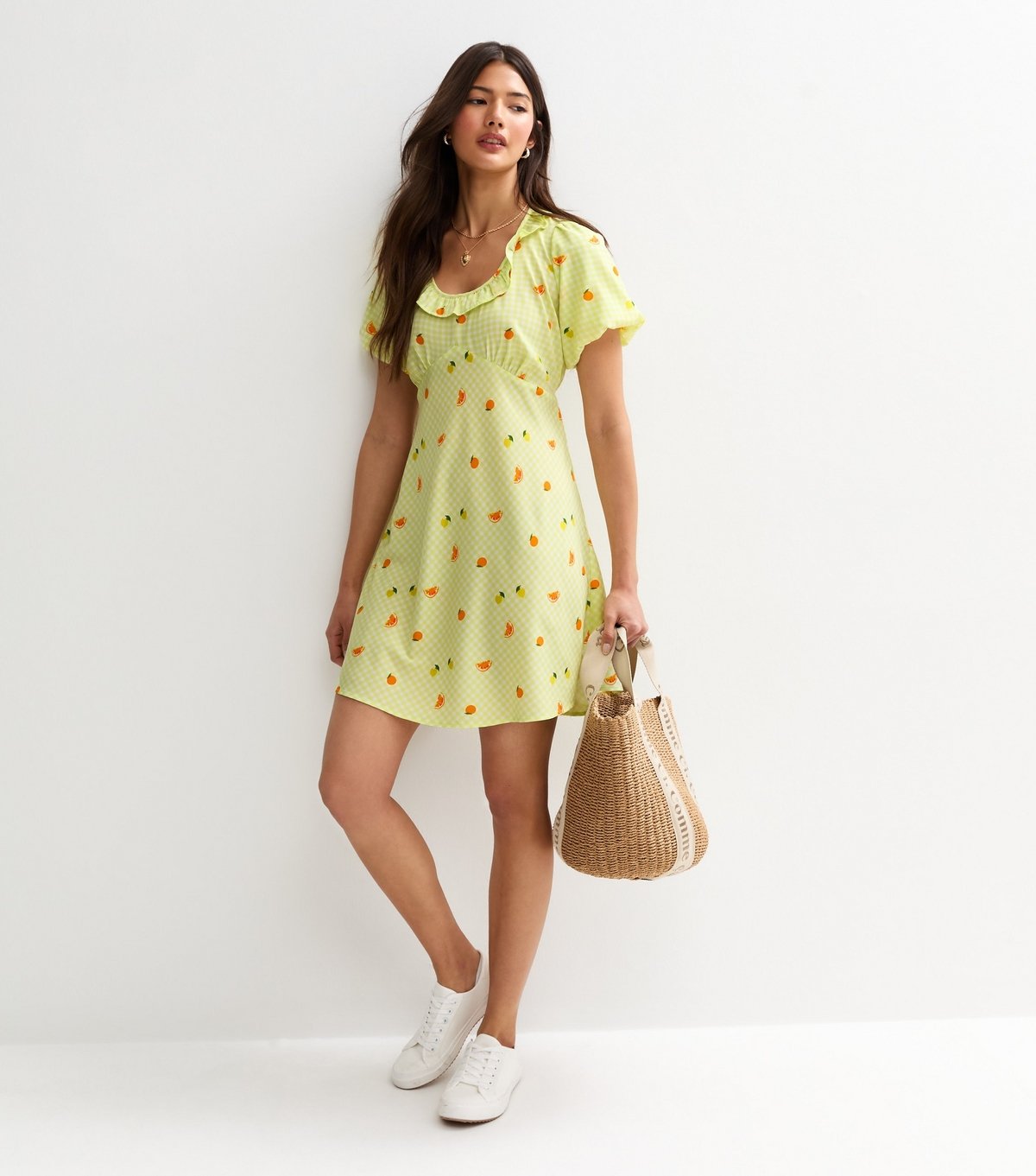 New Look Women's Yellow Fruit Print Frill Neck Mini Dress New Look - 3