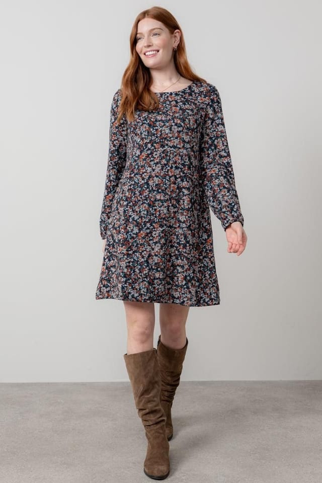 Lily & Me Lily & Me Women's Spruce Ditsy Print Boat Neck Swing Dress with Full length sleeves in Red - 2
