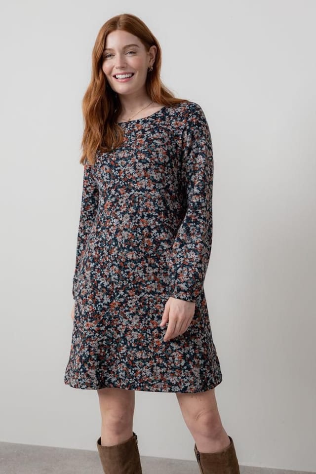 Lily & Me Lily & Me Women's Spruce Ditsy Print Boat Neck Swing Dress with Full length sleeves in Red - 3