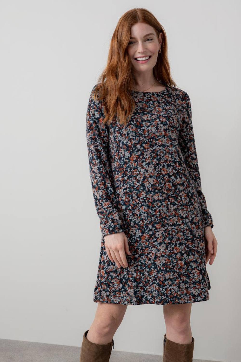 Lily & Me Lily & Me Women's Spruce Ditsy Print Boat Neck Swing Dress with Full length sleeves in Red - 4