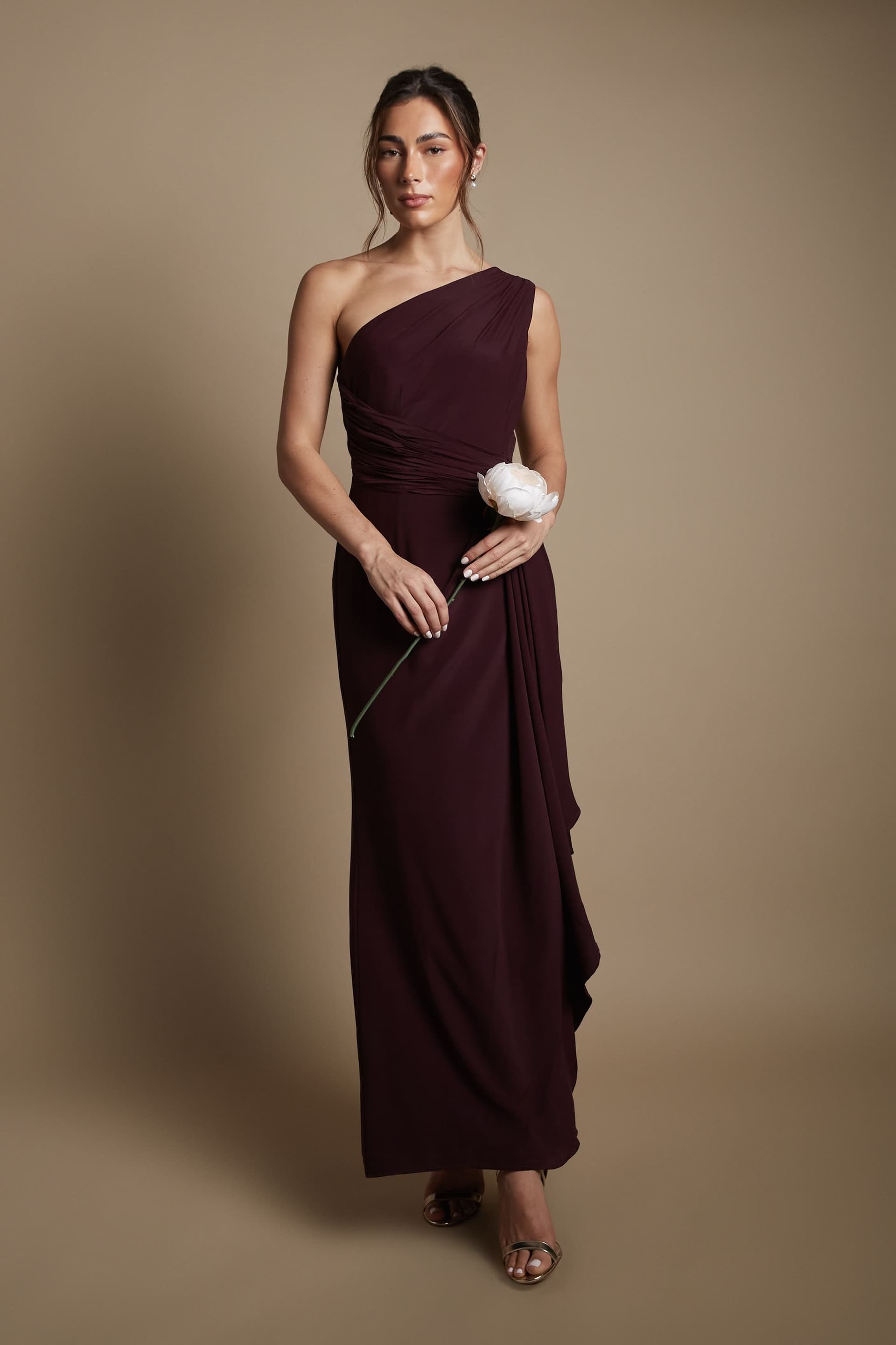 Coast Coast Women's One Shoulder Sash Waist Maxi Bridesmaid Dress in Malbec