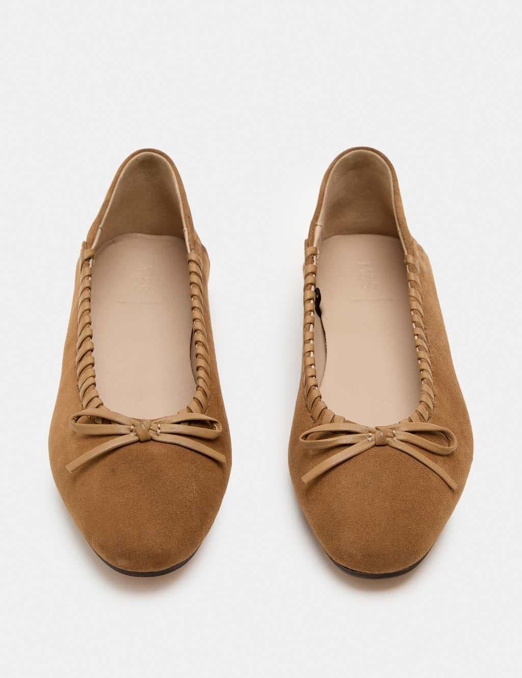 Marks & Spencer M&S Suede Bow Flat Ballet Pumps Taupe