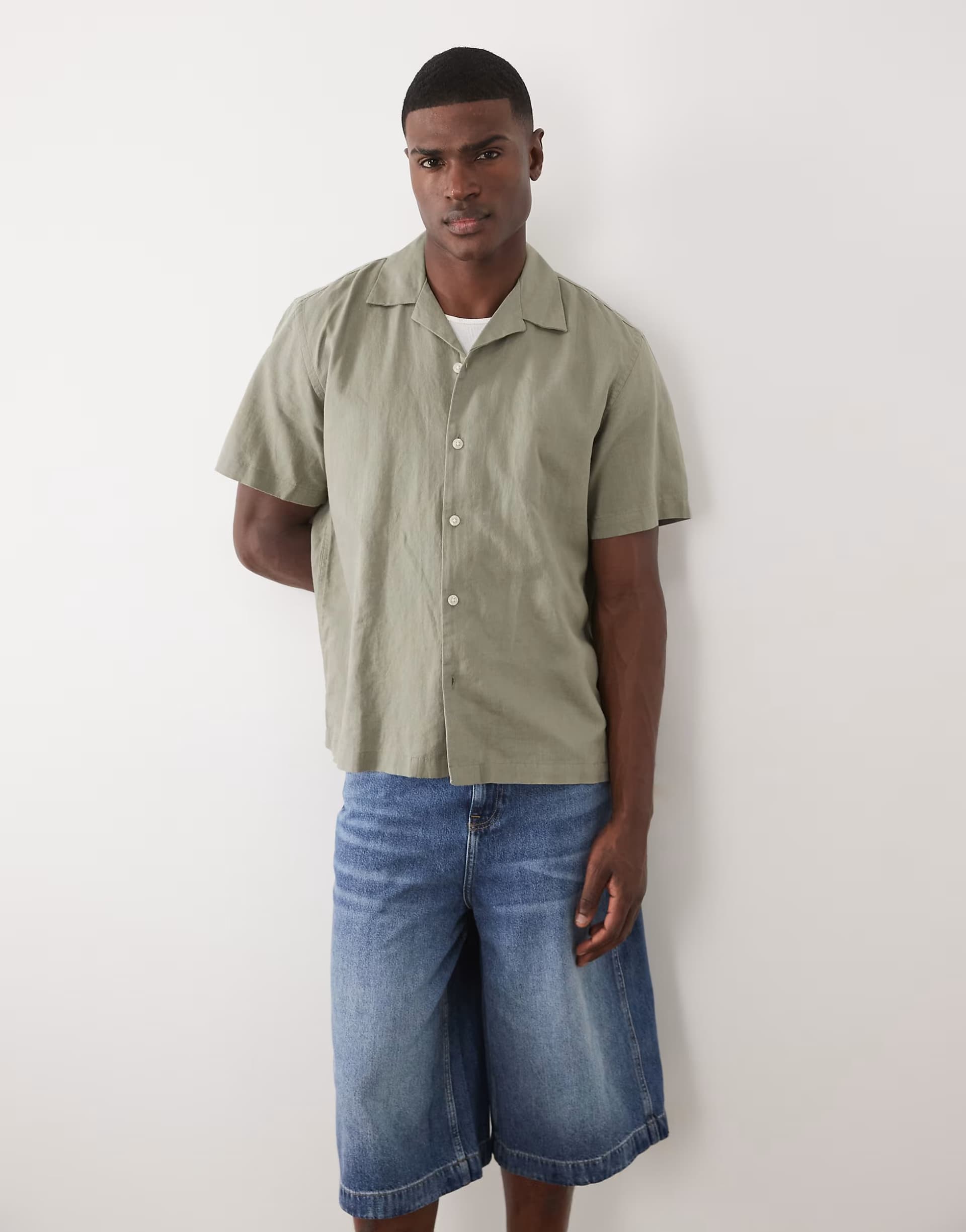 ASOS Selected linen blend short sleeve shirt in khaki